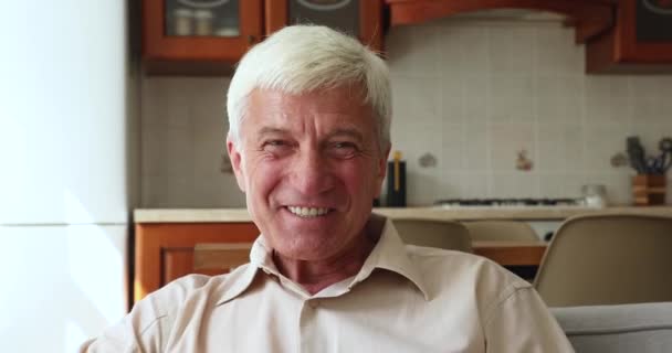 Starší šedovlasý muž úsměv pohled na kameru mluvení pomocí videokonference — Stock video