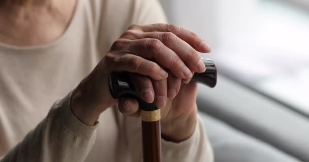 Close up view hands of older female holds walking stick — Stock Video
