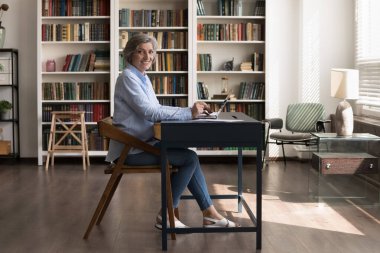 Gülümseyen orta yaşlı kadın evde bilgisayar uygulamaları kullanıyor..