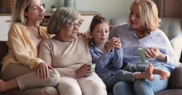 Multigenerationella kvinnor kärleksfull familj njuta av varma samtal vilar hemma — Stockvideo