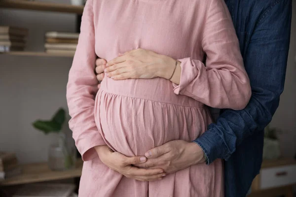 Koca, pembe keten elbiseli hamile kadını arkadan kucaklıyor. — Stok fotoğraf