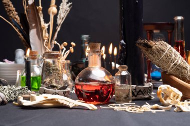 Esrarengiz ve esrarengiz büyücü doktor hala hayatta. Seçici odaklanma. Sihirli objelerle cadılar bayramı geçmişi. Siyah mumlar, kafatası, kemikler ve iksir şişeleri cadı masasında. Adaçayı otlu mistik cadılık.