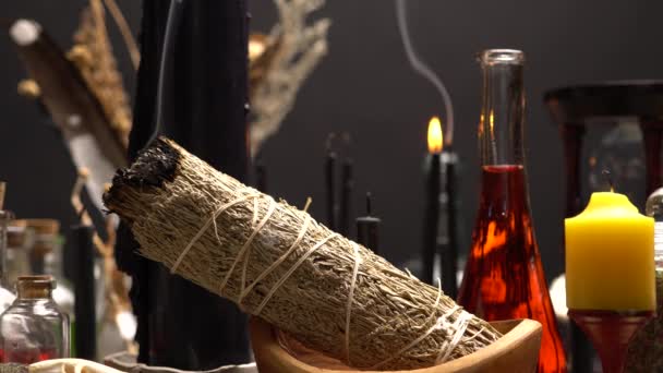 Smudging Spiritual Burning Smoking Sage Smudge Stick Concept Gros Plan — Video