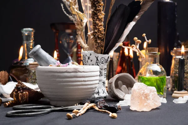Mortar Pestle Witchcraft Alchemy Still Life Selective Focus Witch Craft — Stock Photo, Image