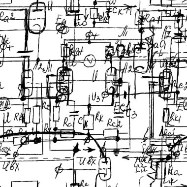El yazısı formülleri ve elektronik bileşenleriyle bilimsel kusursuz doku. Fizik, şematik diyagram ve cihazların devreleri. Vektör. 