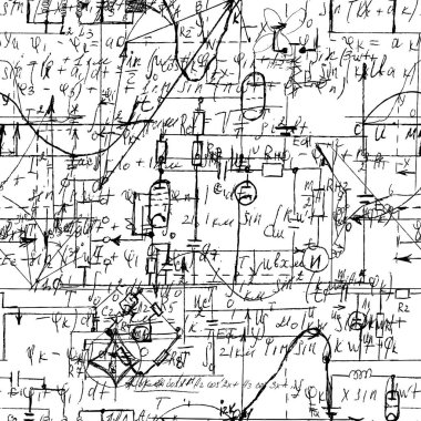 El yazısı formülleri ve elektronik bileşenleriyle bilimsel kusursuz doku. Beyaz üzerine çeşitli grafik çözümlerinin çizimi. Fizik, şematik diyagram ve cihazların devreleri. Vektör. 