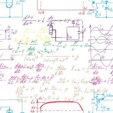 El yazısı fiziksel ve matematiksel formüller, elektronik bileşenler, Şematik diyagramı ve cihazların devre ile bilimsel sorunsuz arka plan. Elektrikçi desen. Vektör. 