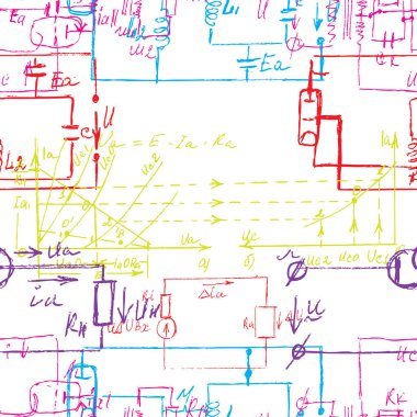 El yazısı fiziksel ve matematiksel formüller, elektronik bileşenler, Şematik diyagramı ve cihazların devre ile bilimsel sorunsuz arka plan. Elektrikçi desen. Vektör. 