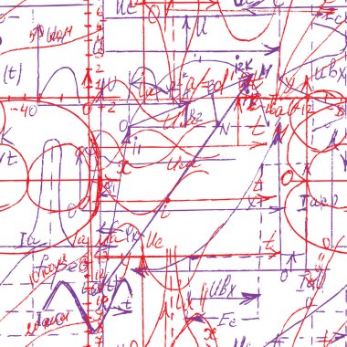 Matematik ve Geometri el yazısı ve çeşitli grafik çözümlerinin çizimi ile kusursuz desen. Geometri ve matematik grafikleri ele alır. Üniversite dersleri. Vektör. 