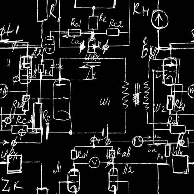 El yazısı formülleri ve elektronik bileşenleriyle bilimsel kusursuz doku. Tebeşir tahtalarına çeşitli grafik çözümlerinin çizimi. Fizik, şematik diyagram ve cihazların devreleri. Vektör. 