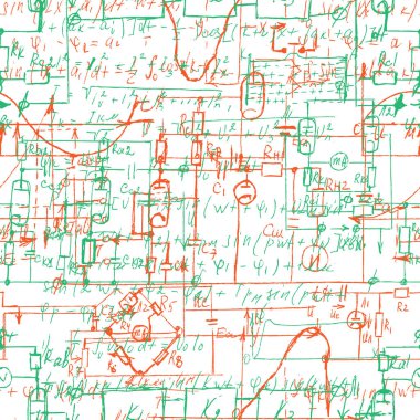 El yazısı fiziksel ve matematiksel formüller, elektronik bileşenler, Şematik diyagramı ve cihazların devre ile bilimsel sorunsuz arka plan. Elektrikçi desen. Vektör. 