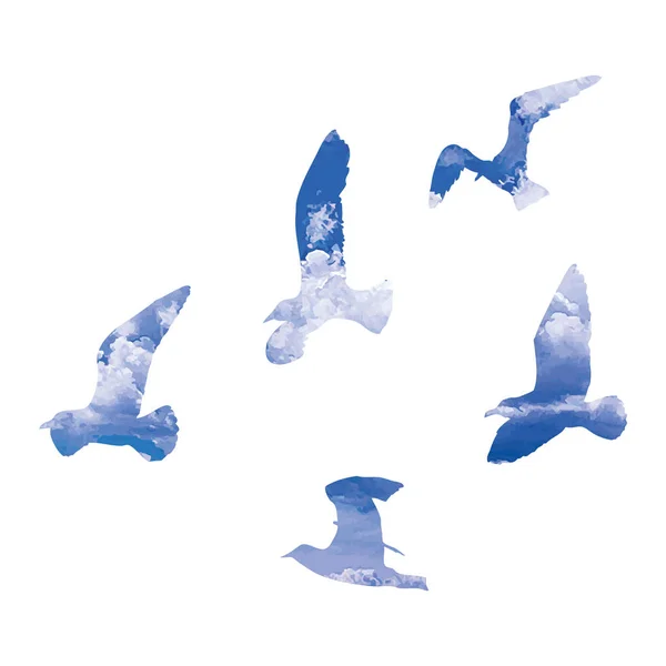 Silhouette Aquarelle Oiseaux Volants Mouettes Sur Fond Blanc Inspiration Corps — Image vectorielle