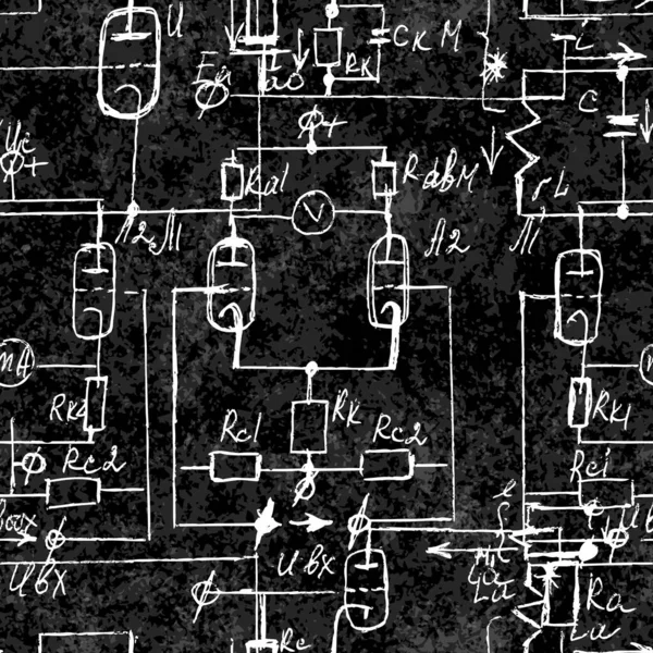 手書き式や電子部品で科学的なシームレスなテクスチャ デバイスの物理と回路図と回路図 ベクトル — ストックベクタ