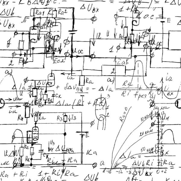 Vědecká Bezešvá Textura Ručně Psanými Vzorci Elektronickými Součástmi Fyzikální Schematické — Stockový vektor