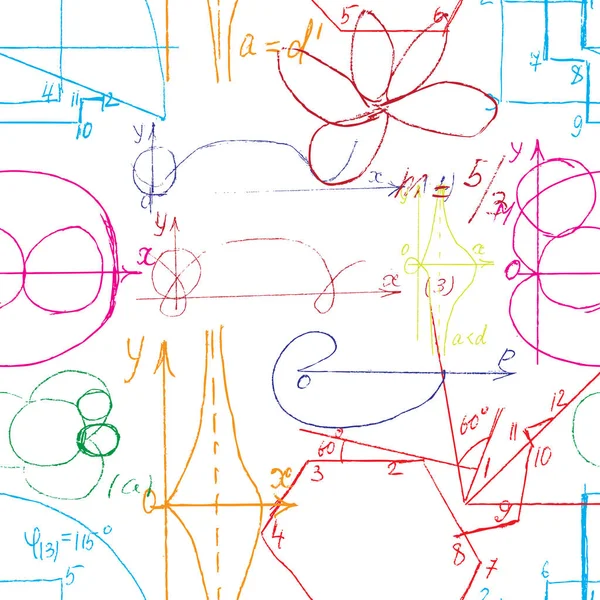 Математическая Бесшовная Текстура Цвете Рукописной Математикой Алгеброй Геометрическими Формулами Графиками — стоковый вектор