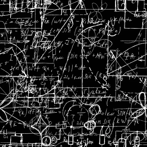 科学无缝纹理与手写公式和电子元件 在粉笔板上绘制各种图解 设备的物理和原理图及电路 — 图库矢量图片