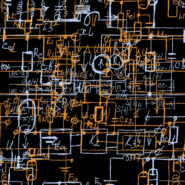 Wissenschaftlicher Nahtloser Farbhintergrund Mit Handschriftlichen Mathematischen Und Physikalischen Formeln Elektronischen — Stockvektor