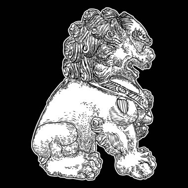 Çin heykelinin taş aslanı. Aslan muhafızı çizimi. Çin Koruyucu Aslanı 'nın güçlü mitik koruyucu güçleri olduğuna inanılır. İmparatorluk saraylarında, mezarlarda, devlet dairelerinde, tapınaklarda kullanılır. Vektör