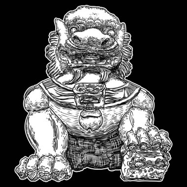 Çin İmparatorluğu aslan heykeli mermerden yapılmış, Çin 'in geleneksel taş oyma heykeli, koruma ve gücün sembolü. Antika aslan oymacılığı. Girişlerde sembolik elementler var. Vektör. 