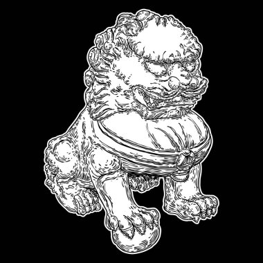 Çin İmparatorluğu aslan heykeli mermerden yapılmış, Çin 'in geleneksel taş oyma heykeli, koruma ve gücün sembolü. Antika aslan oymacılığı. Girişlerde sembolik elementler var. Vektör. 