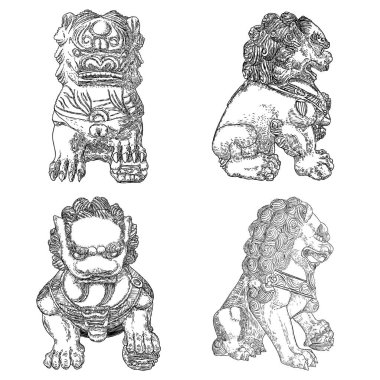 Bir dizi Çin İmparatorluk Koruyucu Aslanı çiziyor. Geleneksel Çin mimari heykel süsü, mermer ve granit gibi dekoratif taşlardan yapılmış veya bronz veya demirden yapılmış. Vektör.