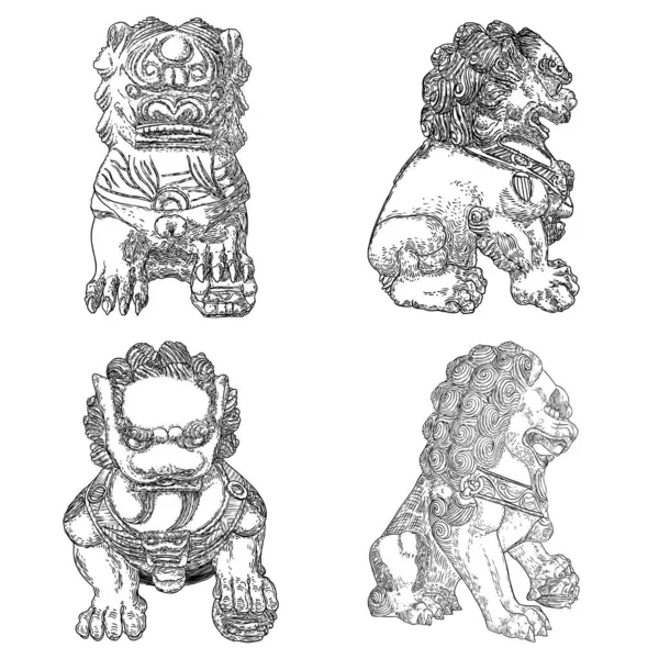 Bir dizi Çin İmparatorluk Koruyucu Aslanı çiziyor. Geleneksel Çin mimari heykel süsü, mermer ve granit gibi dekoratif taşlardan yapılmış veya bronz veya demirden yapılmış. Vektör.