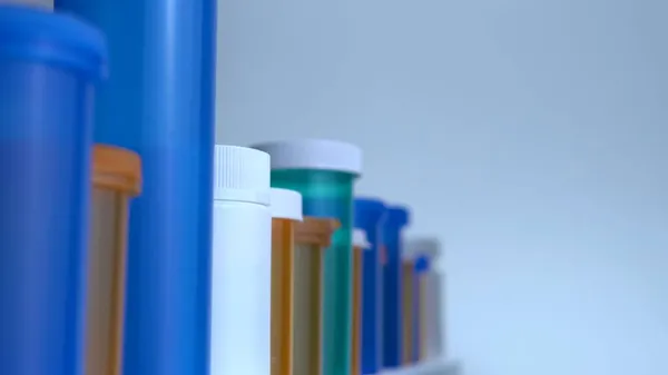 Különböző Tablettás Üvegek Makró Közeli Lövés Gyógyszeres Üvegek Gyártása Gyógyszerészeti — Stock Fotó
