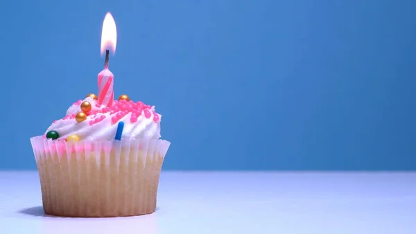 Cupcake Single Birthday Candle Burning Sugar Sprinkles Icing Blue Background Stock Photo