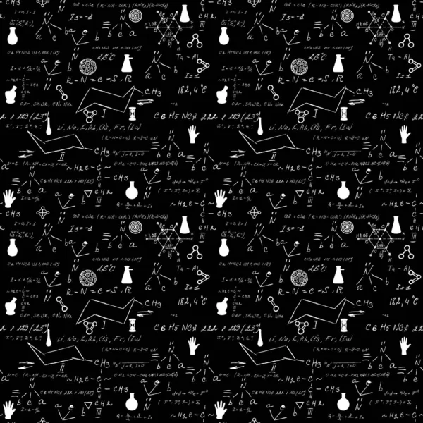 黒の背景に手描きの化学模様 学校のシームレスなパターンに戻る 科学研究室の科目 運動本のページの教育ノート 化学研究論文 無限のイラスト ベクトル — ストックベクタ