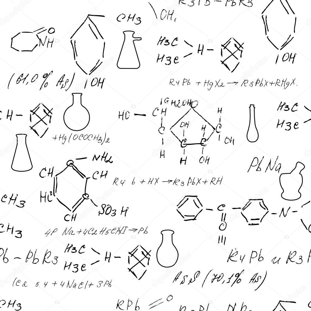 Seamless endless pattern background with handwritten chemistry formulas, chemical relationship or rules expressed in symbols, various matter, compounds, composed of atoms, molecules and ions. Vector.