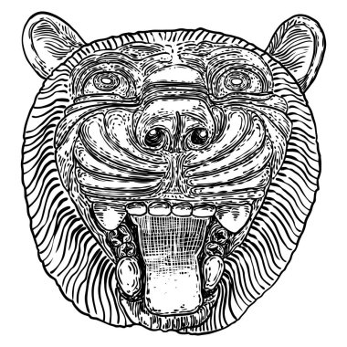 Süslü kaplan kafası çizimi. Taştan yapılmış kedi suratlı büyük bir kedi. Kızgın kükreyen ve hırlayan kaplan. Vektör.
