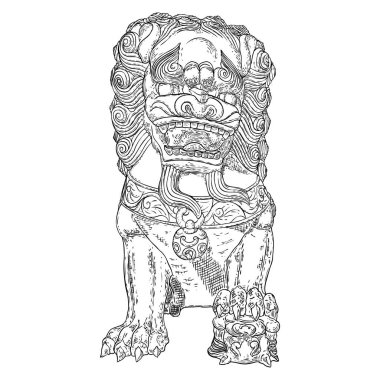 İmparatorluk Koruyucu Aslanı, foo dog veya fu dog batı dillerinde ve İngilizce. Stylize edilmiş Çin aslanı, dişi ve yavru. Binayı zararlı ruhsal etkilerden ve insanlardan koru.. 