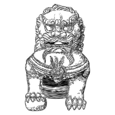 İmparatorluk Koruyucu Aslanı, foo dog veya fu dog batı dillerinde ve İngilizce. Stylize edilmiş Çin aslanı, taşaklı bir erkek. Binayı zararlı ruhsal etkilerden koru. Vektör. 