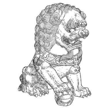 İmparatorluk Koruyucu Aslanı, foo dog veya fu dog batı dillerinde ve İngilizce. Stylize edilmiş Çin aslanı, taşaklı bir erkek. Binayı zararlı ruhsal etkilerden koru. Vektör. 