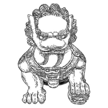 Çinli muhafız aslan heykeli çizilmiş. Geleneksel Çin mimari süsü taştan yapılmıştır. Taş aslan ya da shishi zararlı ruhsal etkileri korumak için yapılmıştır. Vektör.