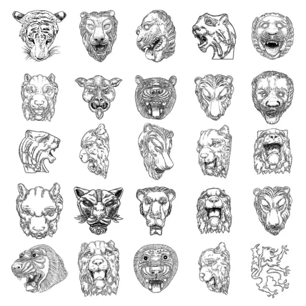 Set Tiger Faces Heads Made Stone Marble Decorative Animals Roaring — Stock Vector