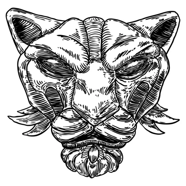 装飾的な虎の頭の絵 石で作られた大きな猫の顔 怒り狂う轟音と渦巻く虎 ベクトル — ストックベクタ