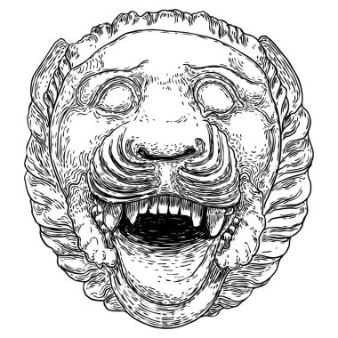 Kaplan başlı dekoratif, kükreyen, amblem, rozet ya da etiket için kedi suratlı. Beyaz arka planda izole edilmiş kaplan hırıltısı portresi. Vektör.