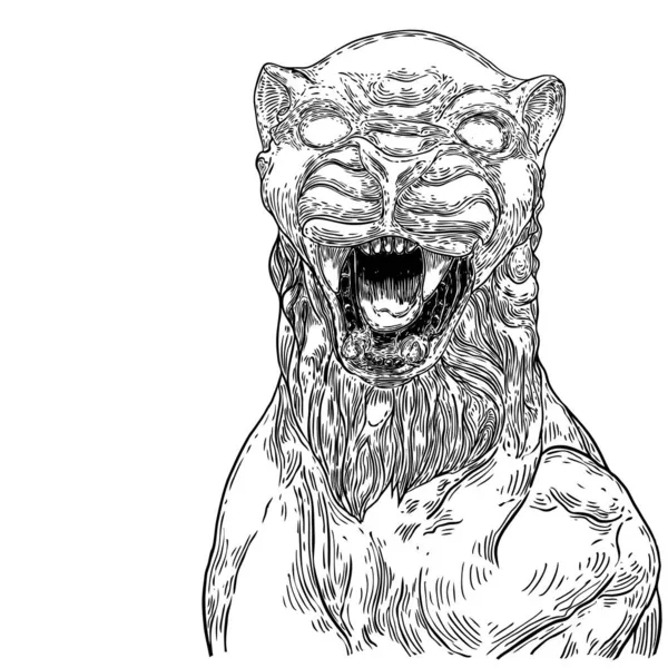 Kükreyen Kaplan Yüzü Çizimi Siyah Beyaz Hırlayan Kaplan Kafası Kızgın — Stok Vektör