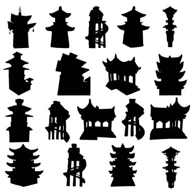 Bir grup siluet Japon pagodası, Çin tapınağı veya Budist manastırı ve ormanlarda yaşamak için sütunların üzerindeki ağaç ev. Çin dini mimarisi. Doğu Han Hanedanı 'nın gözetleme kuleleri hazır. Vektör.