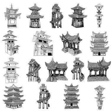 Japon pagodası seti, Çin tapınağı veya Budist manastırı ve ormanlarda yaşamak için sütunların üzerindeki ağaç ev. Çin dini mimarisi. Doğu Han Hanedanı 'nın gözetleme kuleleri hazır. Vektör.