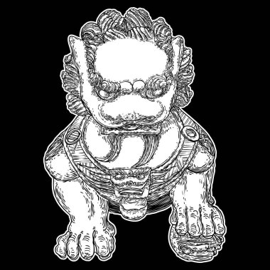 Beyaz arka planda geleneksel Çin aslanı çizimi. Asyalı Asyalı Aslan Tapınağı muhafızı. Geleneksel taş heykel aslan koruyucusu. Aslanlar geleneksel olarak taştan oyulur. Vektör.