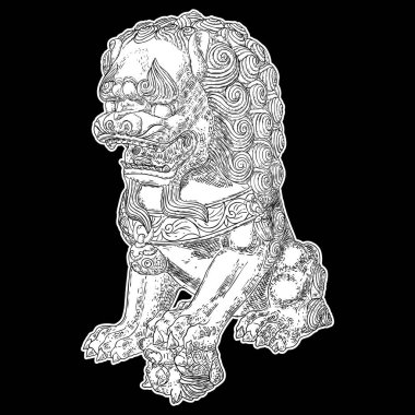 Çin İmparatorluğu Koruyucu Aslanı çizimi. Geleneksel Çin mimari heykel süsü, mermer ve granit gibi dekoratif taşlardan yapılmış veya bronz veya demirden yapılmış. Vektör.