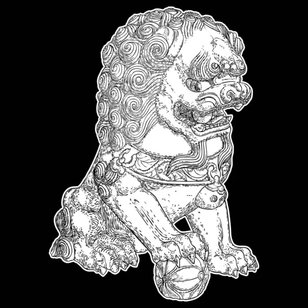白い背景に伝統的な中国のライオンの描画 東洋のライオンの寺院警備員 伝統的な古代の石の像ライオンの守護者 ライオンズは伝統的に石から刻まれています ベクトル — ストックベクタ