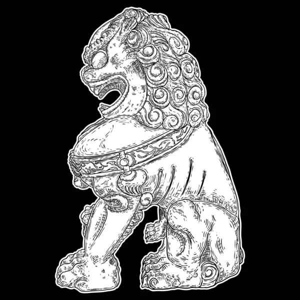 León Guardián Imperial Chino Dibujando Adorno Tradicional Estatua Arquitectónica China — Vector de stock