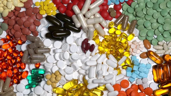 Laçlar Ilaçlar Eczane Tabağında Dönüyor Çeşitli Çeşit Haplar Makroyu Kapatır — Stok fotoğraf