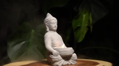 Tahta masa yüzeyindeki taştan yapılmış Buda doğal egzotik orman yeşili arka planda canavar bitkisi ile birlikte. Yanan mum ateşi ve su buharı olan Buda heykeli.