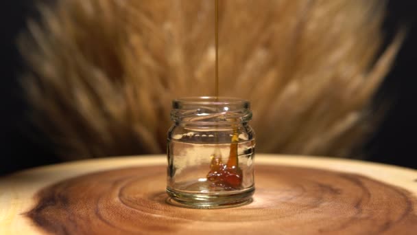 Honey Pouring Glass Jar Macro Close Liquid Brown Honey Dripping — Stock Video