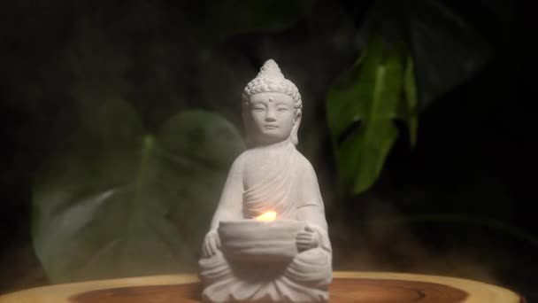 Statua Buddha Con Fuoco Candela Ardente Vapore Acqueo Buddha Pietra — Video Stock