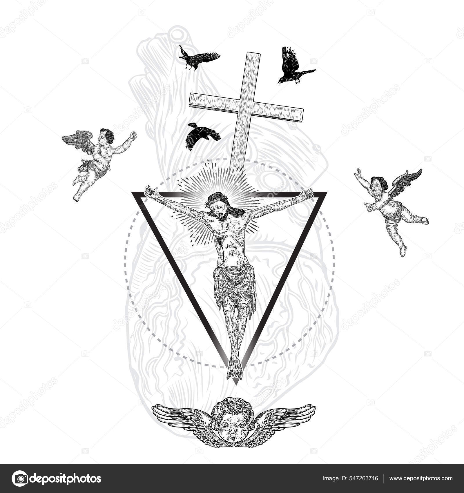 近くのイエス キリストのはりつけ 新時代の解釈 神の御子の悲しい 翼のある天使 肉タトゥー参照 グッドフラ イデー ベクトル ストックベクター  ©goldenshrimp 547263716, image size:1600x1700